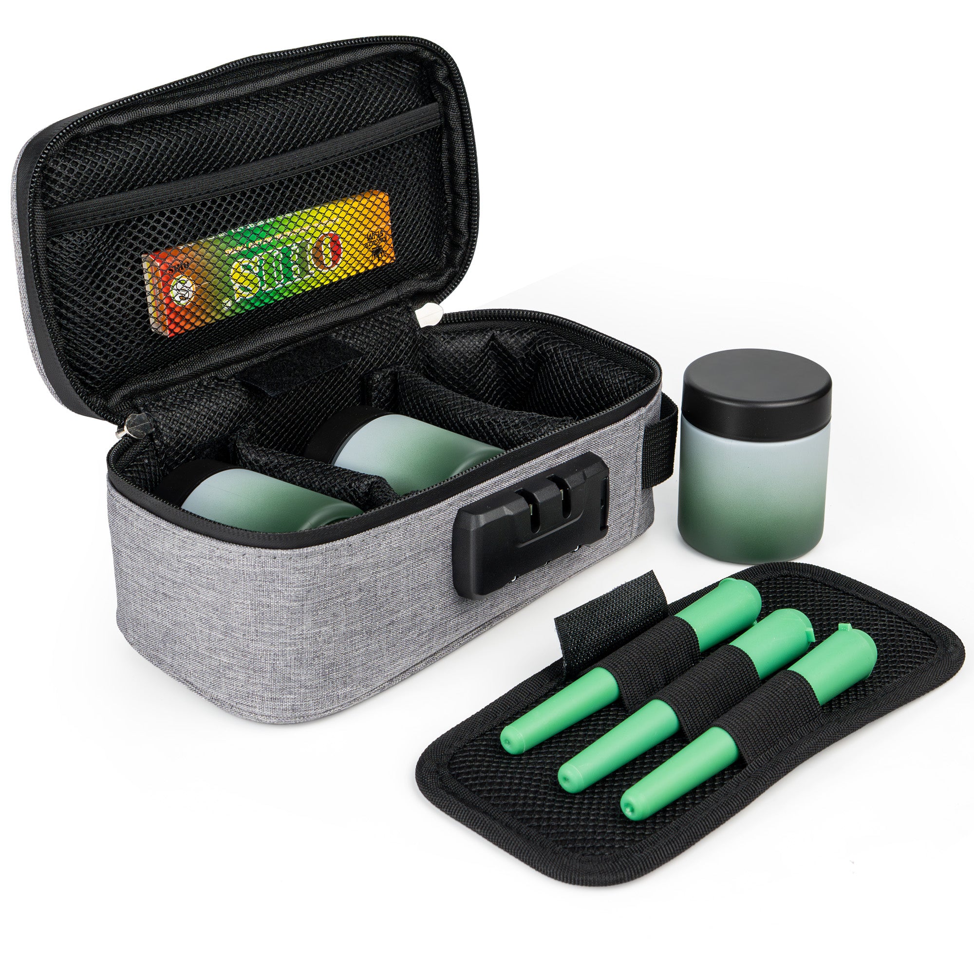 Gray Smell Proof Bag with Lock Gift Set – Includes 3 Glass Jars, 3 Pre-Roll Storage Tubes, Rolling Papers & Sealed Bags
