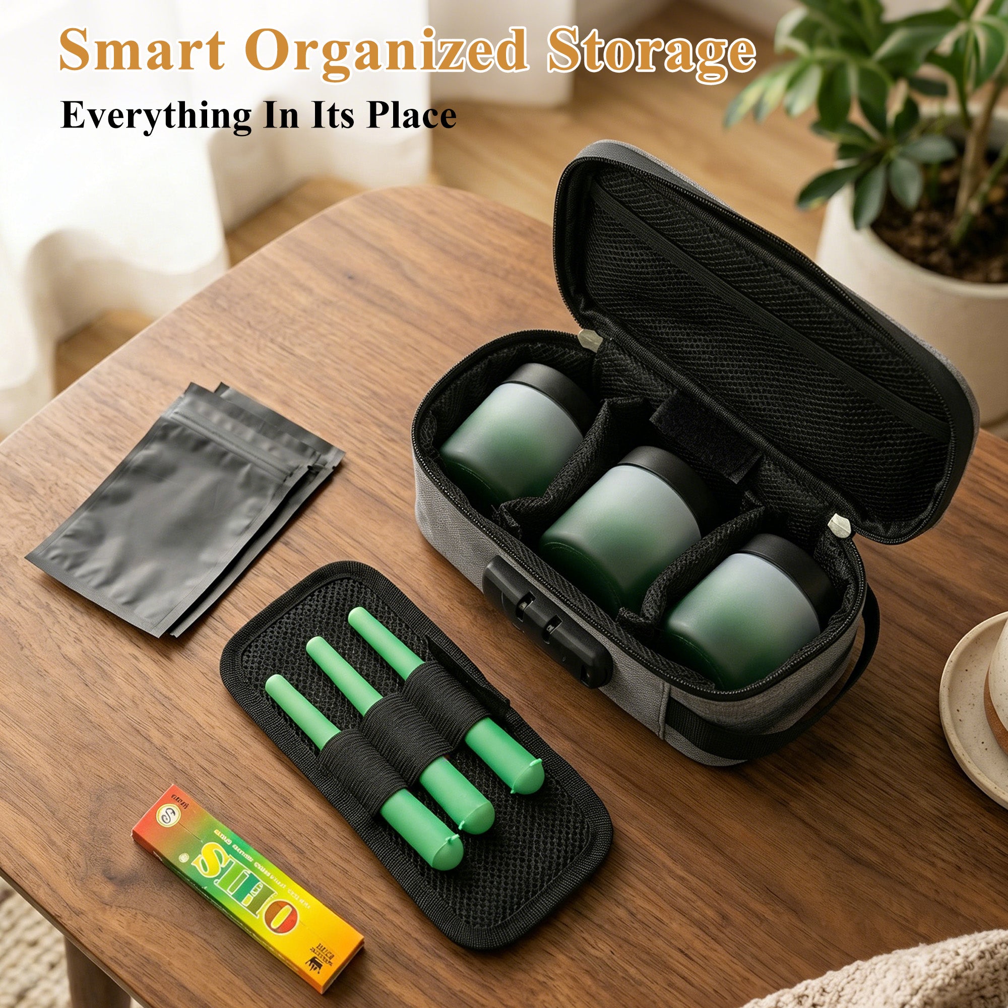 Gray Smell Proof Bag with Lock Gift Set – Includes 3 Glass Jars, 3 Pre-Roll Storage Tubes, Rolling Papers & Sealed Bags